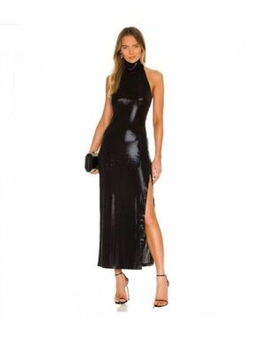 Norma Kamali metallic Black Halter Maxi Dress with Side Slit Small 36